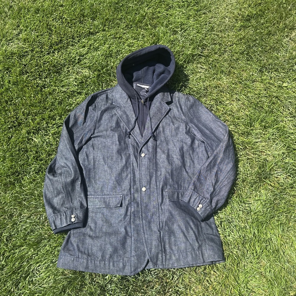 Vtg Rocawear Blue Denim Trucker Jacket Hoodie Mens 2XL 90s Y2K Grunge Zip Button